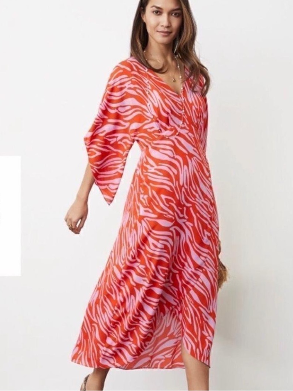 CAbi Saunter Dress Zebra-Print Faux-wrap V-Neck Red Kimono Sleeve Size Small